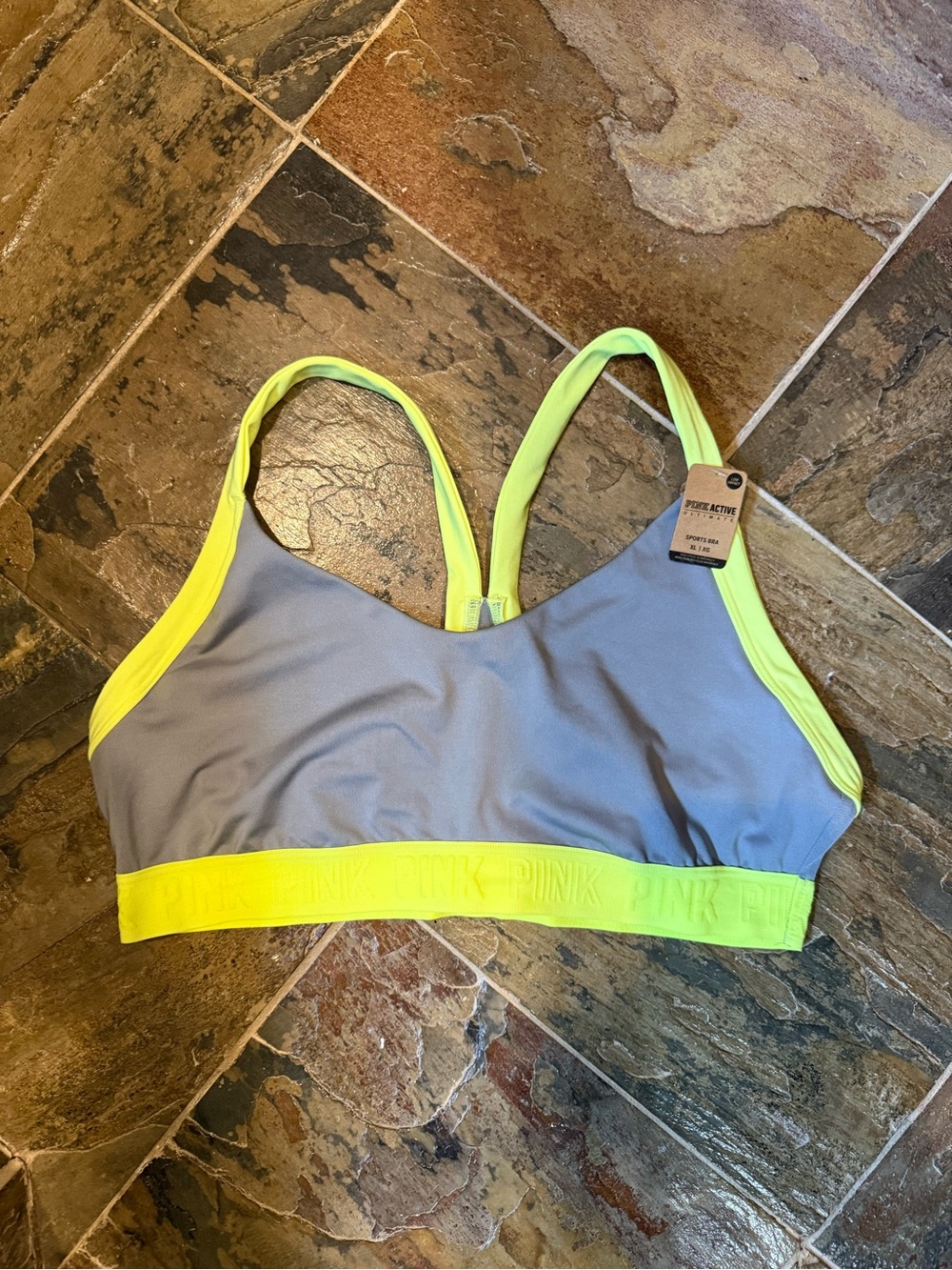 PINK Victoria's Secret Grey & Neon Yellow Sports Bra